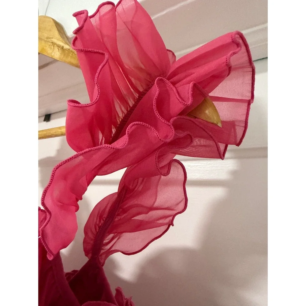 Free People Pink Rosette Ruffle Bodysuit Floral 3D Applique Fuchsia‎ Sleeveless